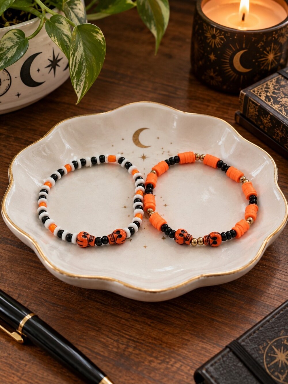 Handcrafted Halloween Set Of Two Stretch Bracelets Orange Black White Gold